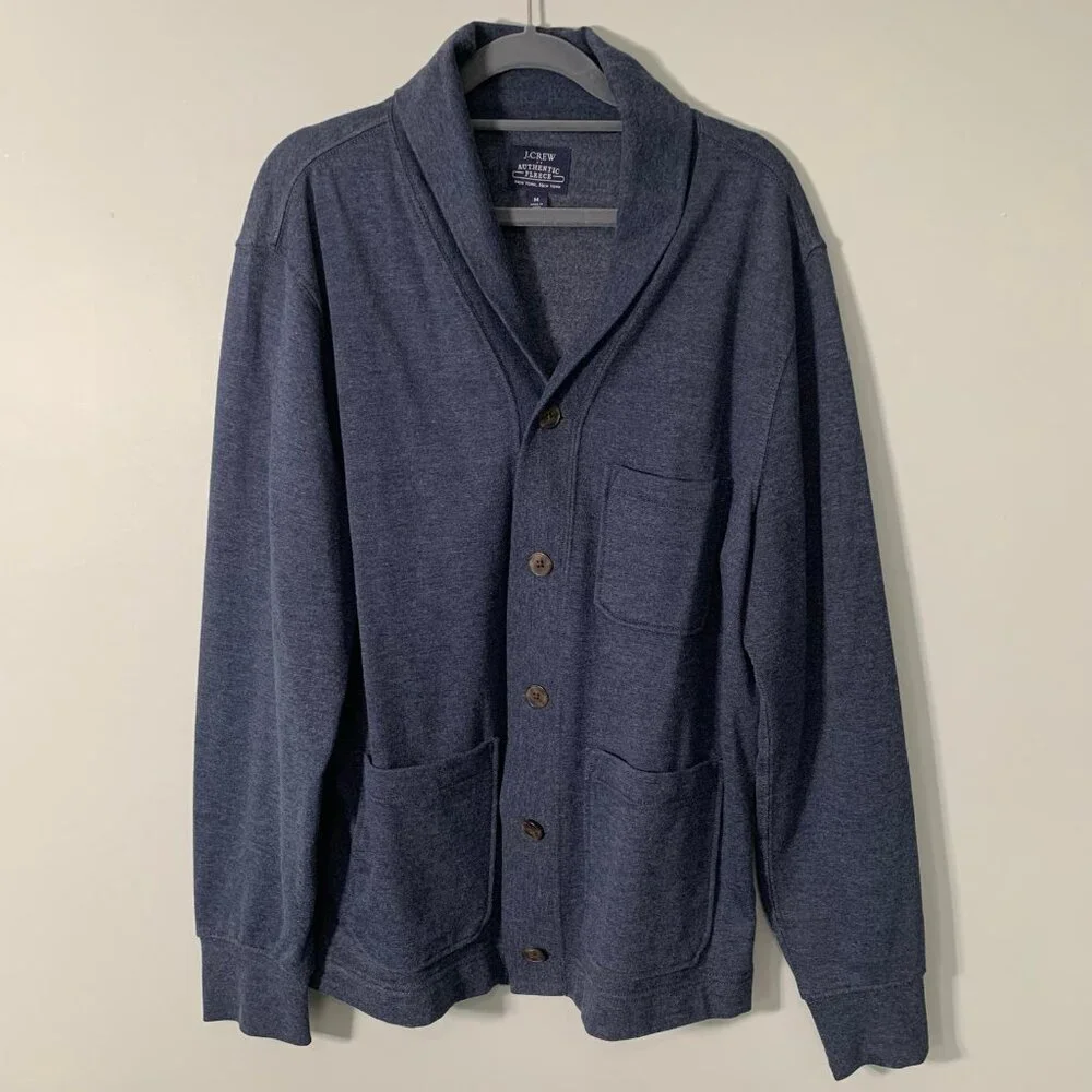 J. Crew Authentic Fleece Shawl Collar Cardigan Mens‎ Medium Blue Heather Button